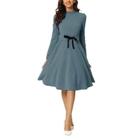 Allegra K Women s Wear to Work Elegant Mock Neck Long Sleeve Self Tie Waist Knit Midi Dress