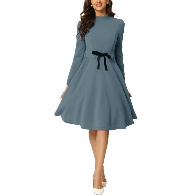 INSPIRE CHIC Robe Midi en Tricot pour Femme, Élégante, Col Montant, Manches Longues, Taille à Nouer, pour le Travail, S Gris