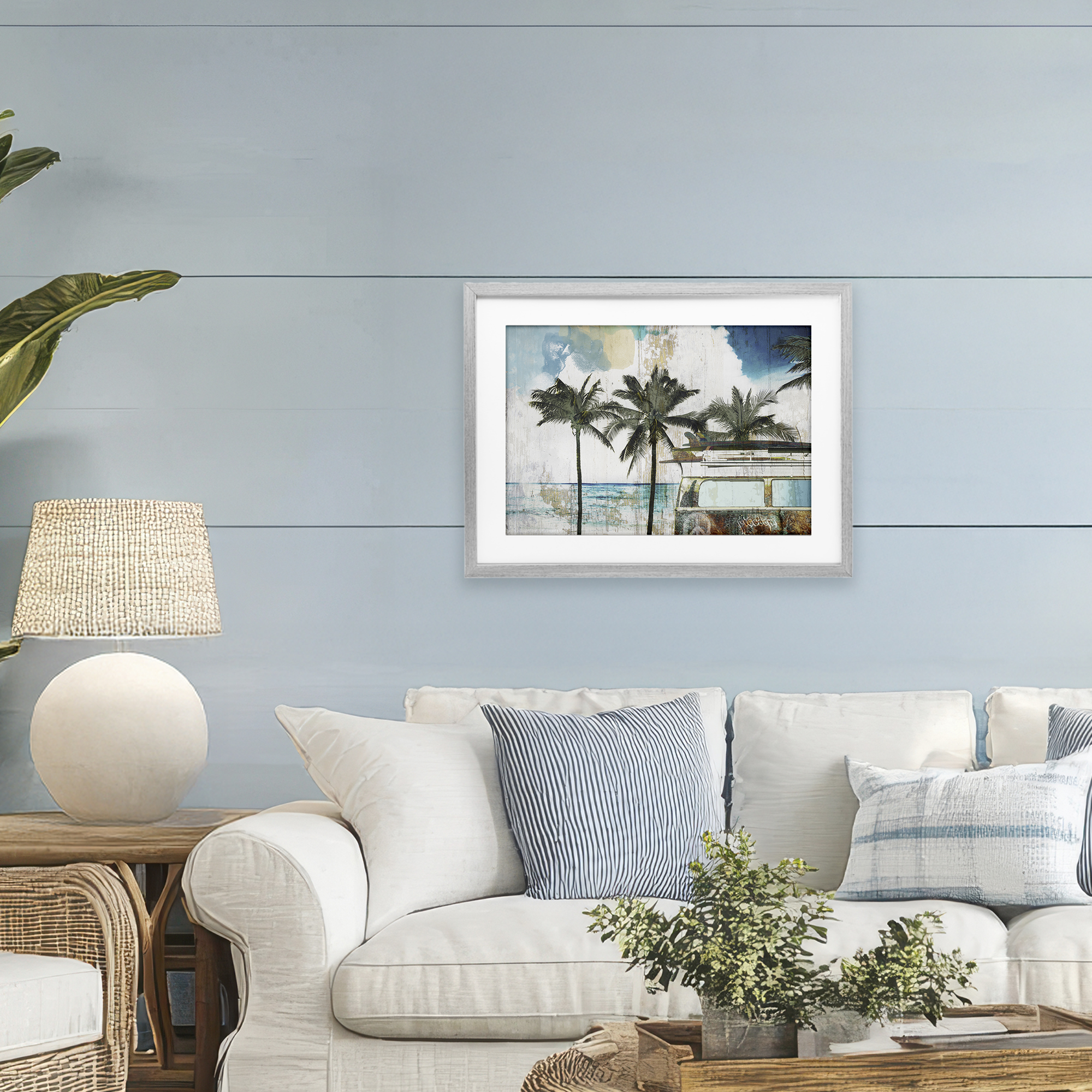 Beach Day Retro Vacation Gray Framed Print Under Glass, design by Sasha