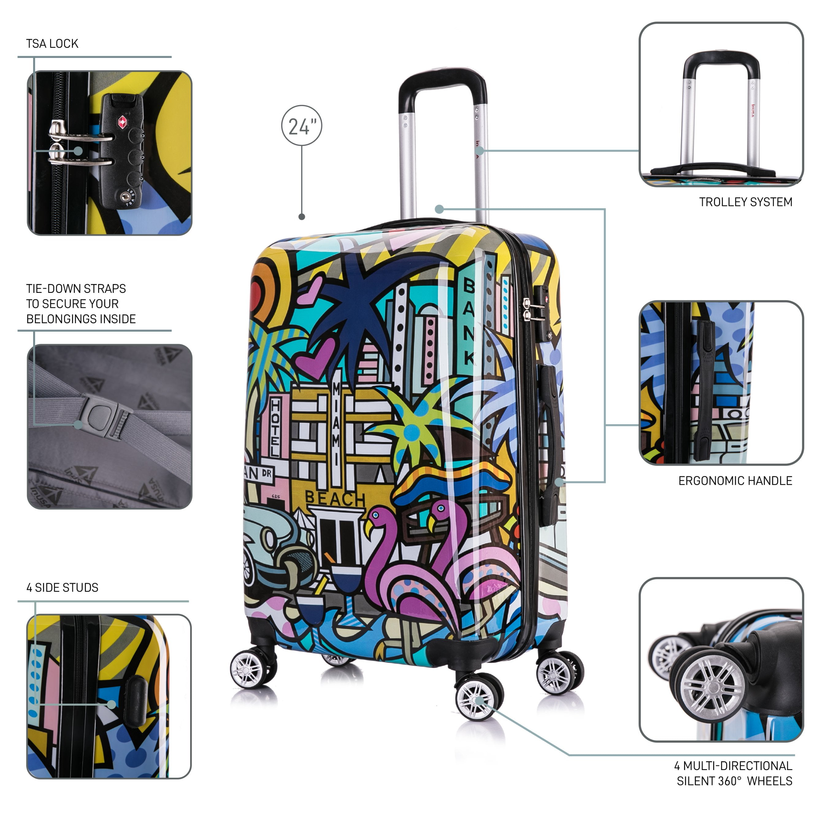 InUSA Print 24" Hardside Checked Luggage with Spinner Wheels, Handle and Trolley, Miami