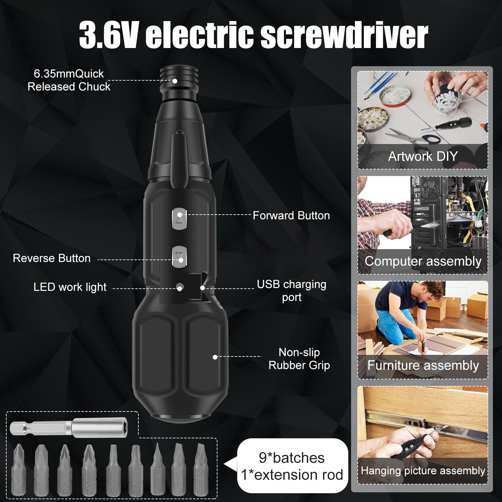 Electric Screwdriver Cordless, Rechargeable Power Screwdrivers Set, Portable Automatic Home Repair Tool Kit with LED Lights and USB Cable