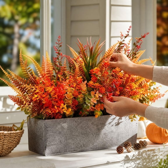 9 Piece 17.7 in Artificial Fall Plants Set, Faux Autumn Fern Stems & Floral Sprays for Vase, Thanksgiving Centerpiece, Mantel, Porch & Home Decor
