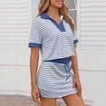 thumbnail image 5 of Ecqkame 2 Piece Sets for Women Casual Striped Print Turndow Collar Short-Sleeved Top Drawstring Short Skirt Vacation Workout Outfits Blue M, 5 of 7