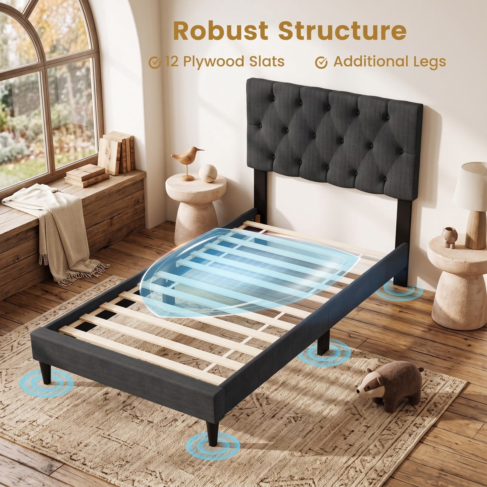 Furnibear Twin Bed Frame, Upholstered Platform Bed Frame with Tufted Wingback Headboard, Twin Bed Frame with Headboard and Slat Support, Gray