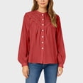 thumbnail image 2 of Lenpel Button down Shirts for Women Cotton Long Sleeve Mock Neck Pleated Lace Hollow out Tops Dressy Casual Blouses(Red,Medium), 2 of 6