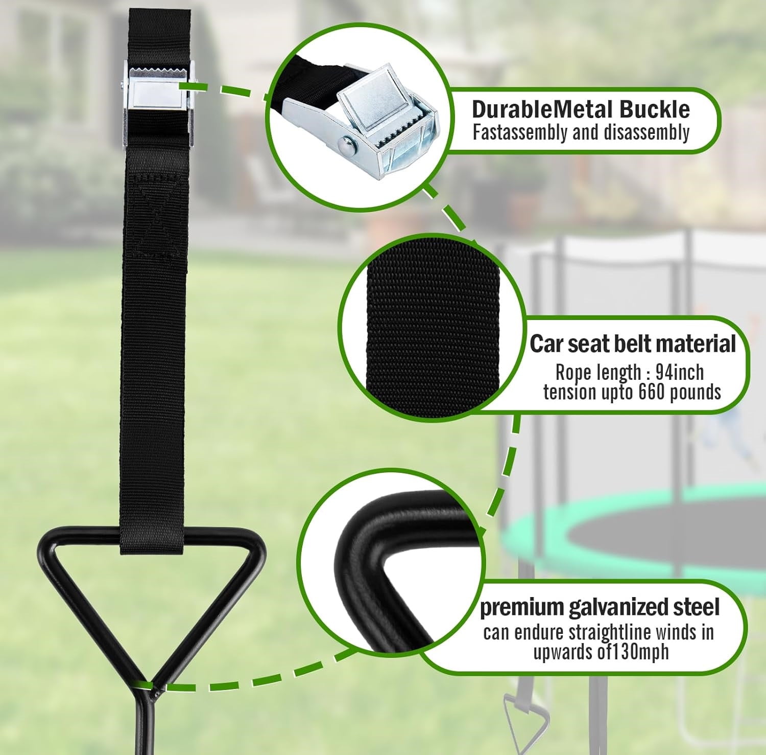 Meilimei 4-Pack Corkscrew Shape Steel Trampoline Stakes Anchors, Heavy-Duty Spiral Ground Anchors Kit with Straps, Black Galvanized Windproof Stabilizers for Trampoline, Outdoor Tent, Canopy Security