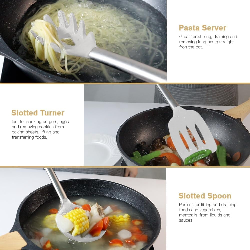 Kitchen Utensil Set-Silicone Cooking Utensils-33 Kitchen Gadgets & Spoons for Nonstick Cookware-Silicone and Stainless Steel Spatula Set-Best Kitchen Tools BPA FREE (Cream White)