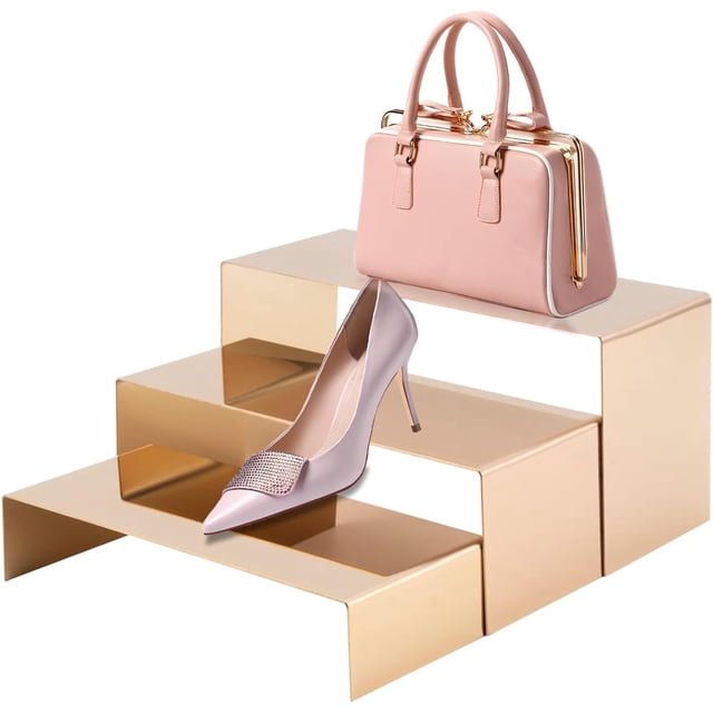 HEYLEAYAR 3Pack Shoe Display Stand Set, 3 Size Purse Display Stand, Perfume Display Stand Stainless Steel Display Risers Countertop Risers for Showcase Home Boutique Retail Store, Titanium Rose Gold