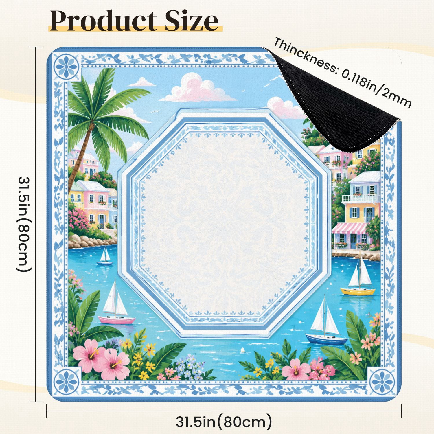 Mahjong Mat 31.5" x 31.5" Colorful Coastal Village Sailboats Palm Trees Tropical Flowers Non-Slip Noise Reduction Mahjong Tiles Table Cover for Dominoes Poker Card Board and Tile Games