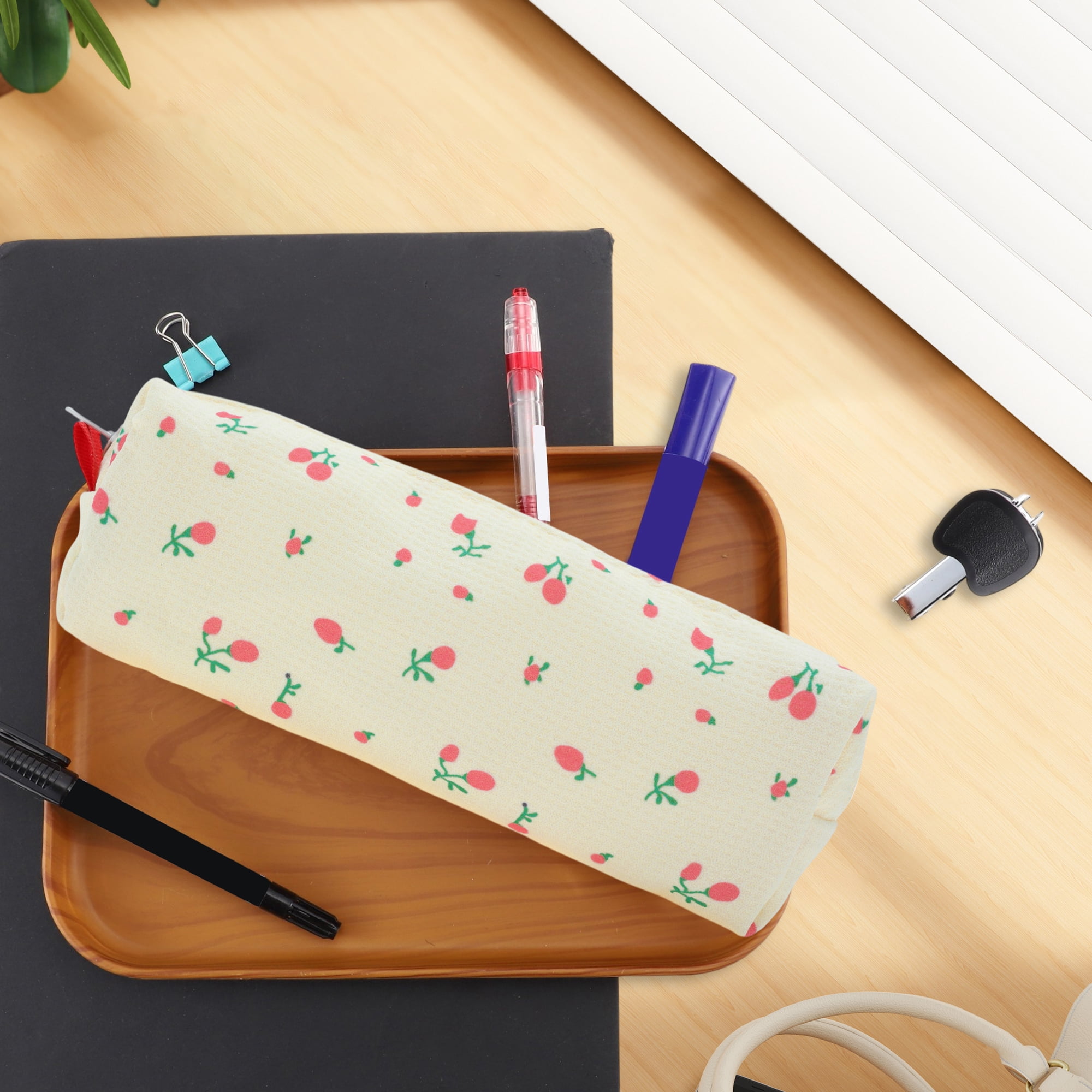 Unique Bargains Pencil Case Grid Print Pen Pouch Stationery Bag for Organizer Beige Pink Floral