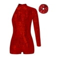 thumbnail image 2 of TSSOE Girls Sequin Single Long Sleeve Jazz Latin Dance Unitard One Piece Shorts Biketard Bodysuit Dancewear Red 14, 2 of 3