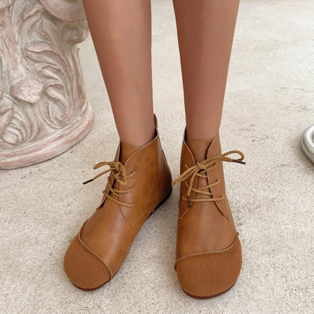 

Ankle Boots Ladies Fashion Solid Color Suede And Leather Panel Lace Up Flat Casual Short Boots