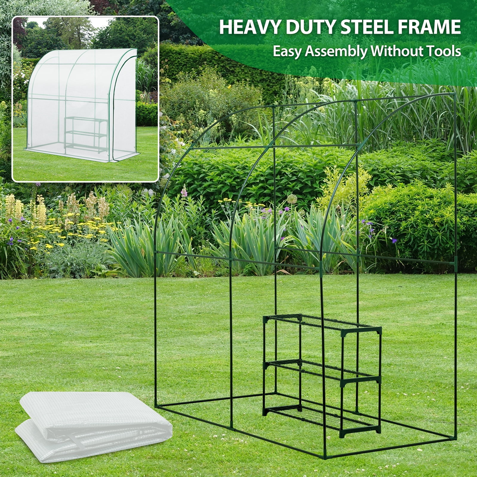 EAGLE PEAK 6.6 x 3.3 x 6.9ft Outdoor Lean to Walk-in Greenhouse with Shelf, Gardening Wall Green House with Roll-up Zipper Entry Doors, White