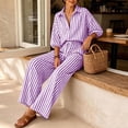thumbnail image 4 of BRELIL Women Plus Size Two Piece Set Striped Collared Long Sleeve Shirt Wide Leg Pants Loose Boho Vacation Casual Travel Outfits Tracksuit, Purple 3XL, 4 of 9