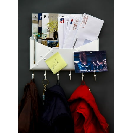Vintage Wall Mail Organizer Foyer Wall Mount Letter Mail Key Newspaper Magazine Holder Coat Rack Envelope Shape Steel Entryway Organizer with 6 Hooks White ()