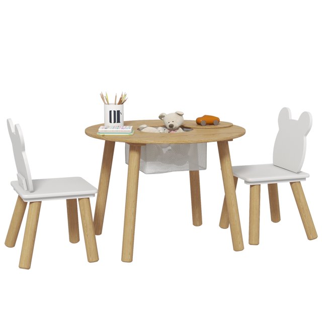 Qaba Ensemble de Table et Chaises pour Enfants 3 Pcs avec Sac en Filet, Chaises en Forme d'Ours
