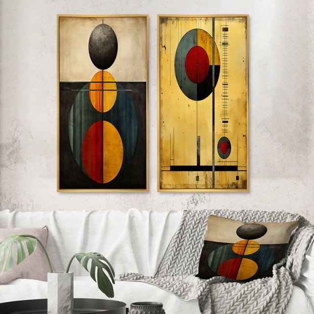 Designart "Unraveling the Mystery Retro Geometric Puzzle I" Modern Geometric Framed Wall Art Set Of 2 - Modern Gold Gallery Wall Frame Set For Home Decor