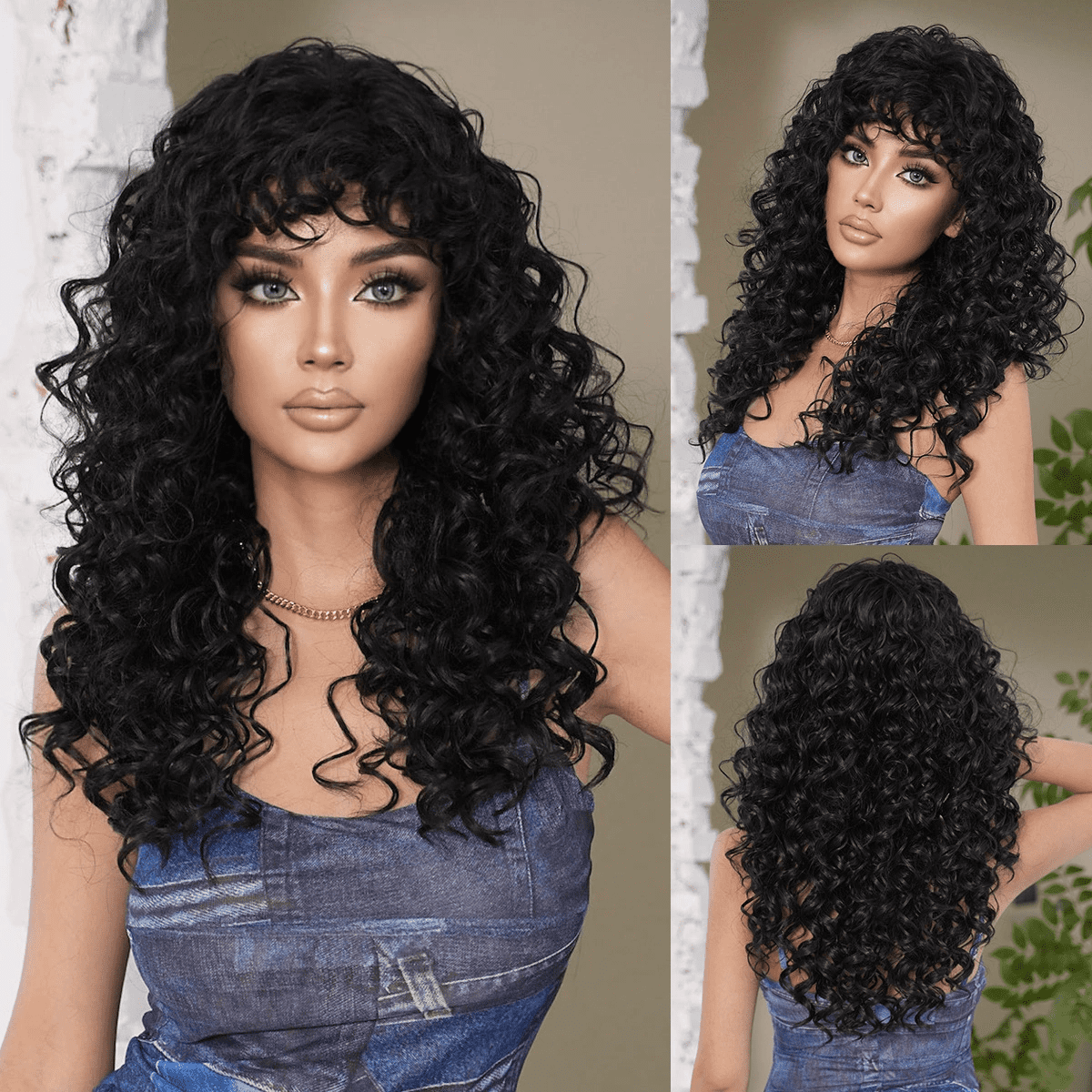 PEAKIN Fashion Women's Black Long Wig 24 inch Kinky Curly Deep Wave Hair with Bangs Wigs