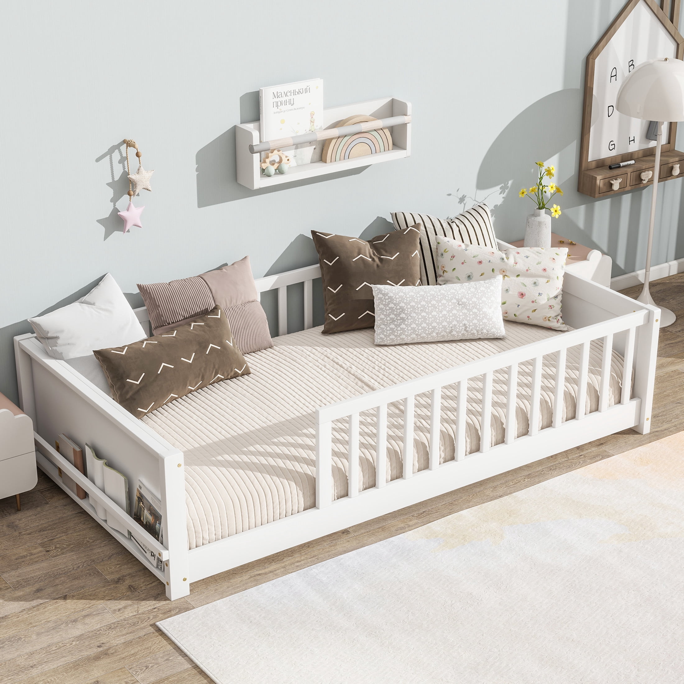 Noble House Devon Twin Floor Bed with Built-in Book Rack, Sturdy Rubber Wood Montessori Bed with Fence, White