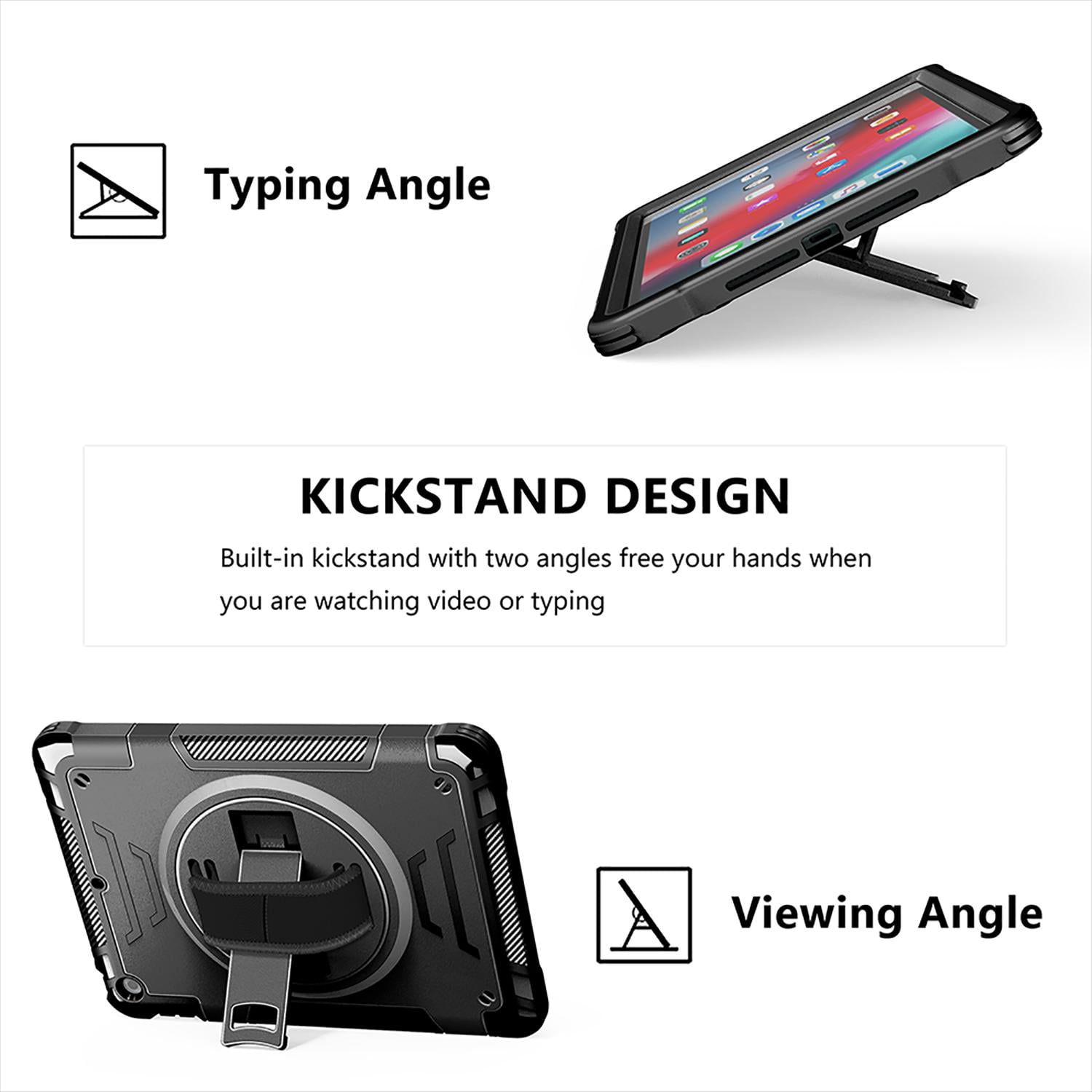 Shockproof Case for Apple iPad 6th 5th Generation, with Pencil Holder Military Grade Protection Rotating Stand Hand Strap Shoulder Strap Bumper Rugged Case for iPad 6th 5th Gen 9.7", Black