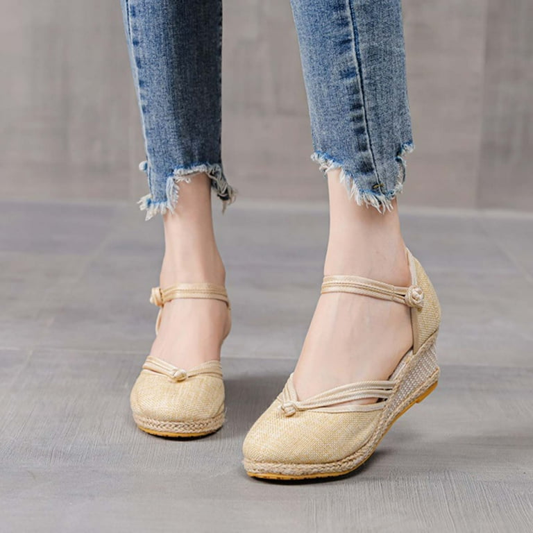 Anuirheih Closed Toe Wedges for Women Summer Shoes Ankle Buckle Strap Sandals Mid Low Heel Dress Sandals Beige Walmart