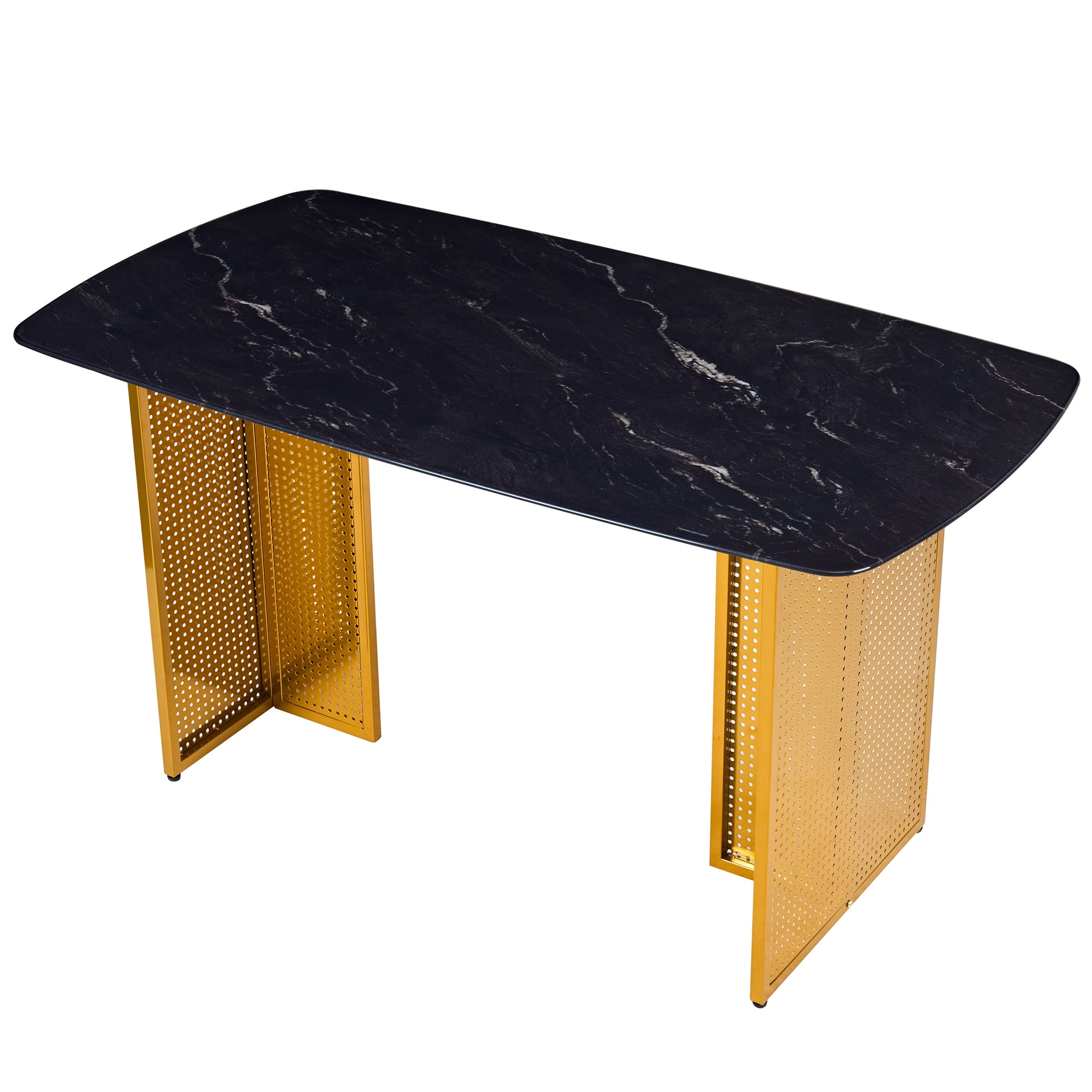 Euroco 51.2inch Glass Dining Table for 6,Rectangular Kitchen Table with Marble-Patterned Design and Metal Legs for Kitchen Living Room,Black