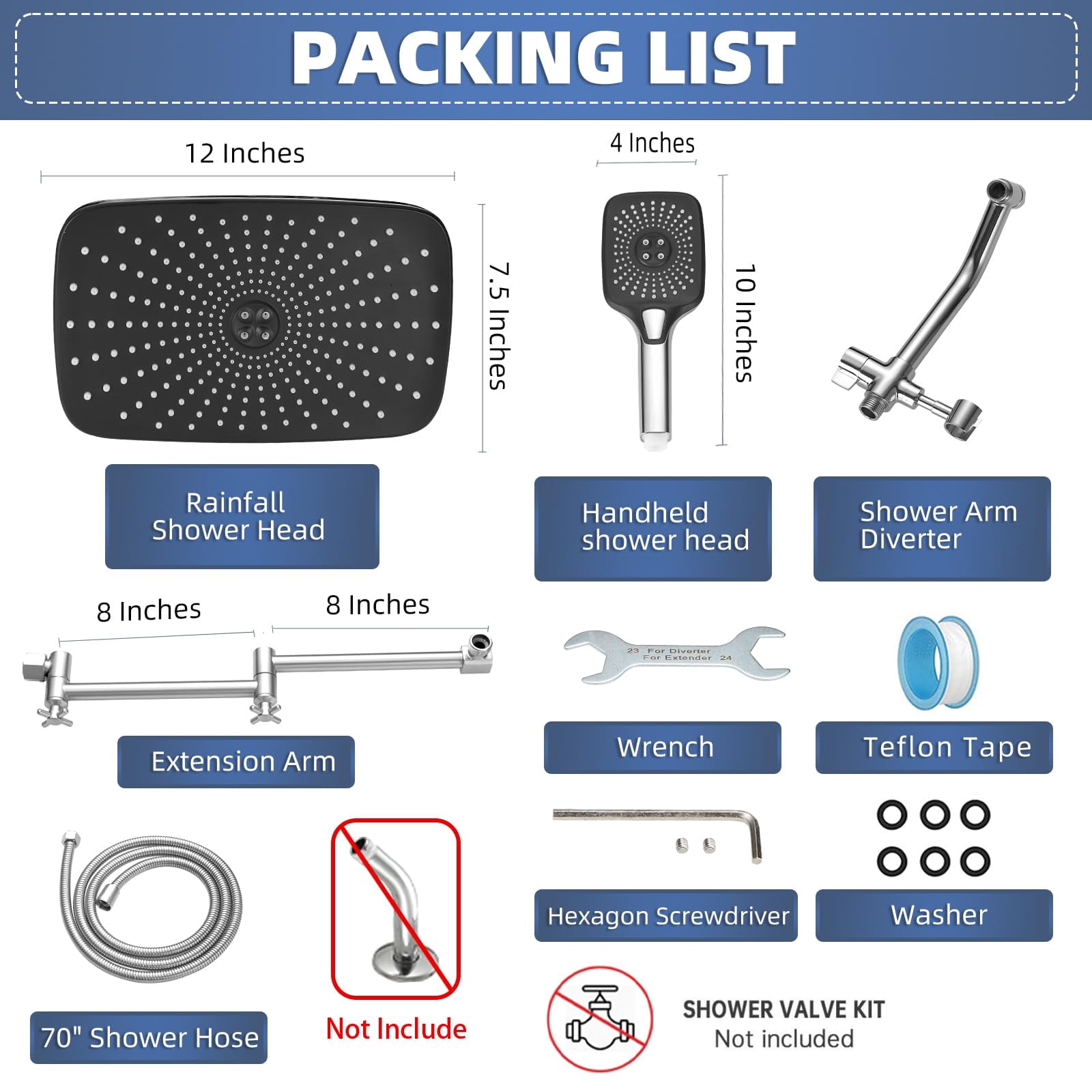12" High Rain/rainfall Shower Heads With Handheld Spray Combo (3+1 Settings & Built-in Power Wash Mode)  Double/dual Head - Height/angle Adjustable(polished Chrome)
