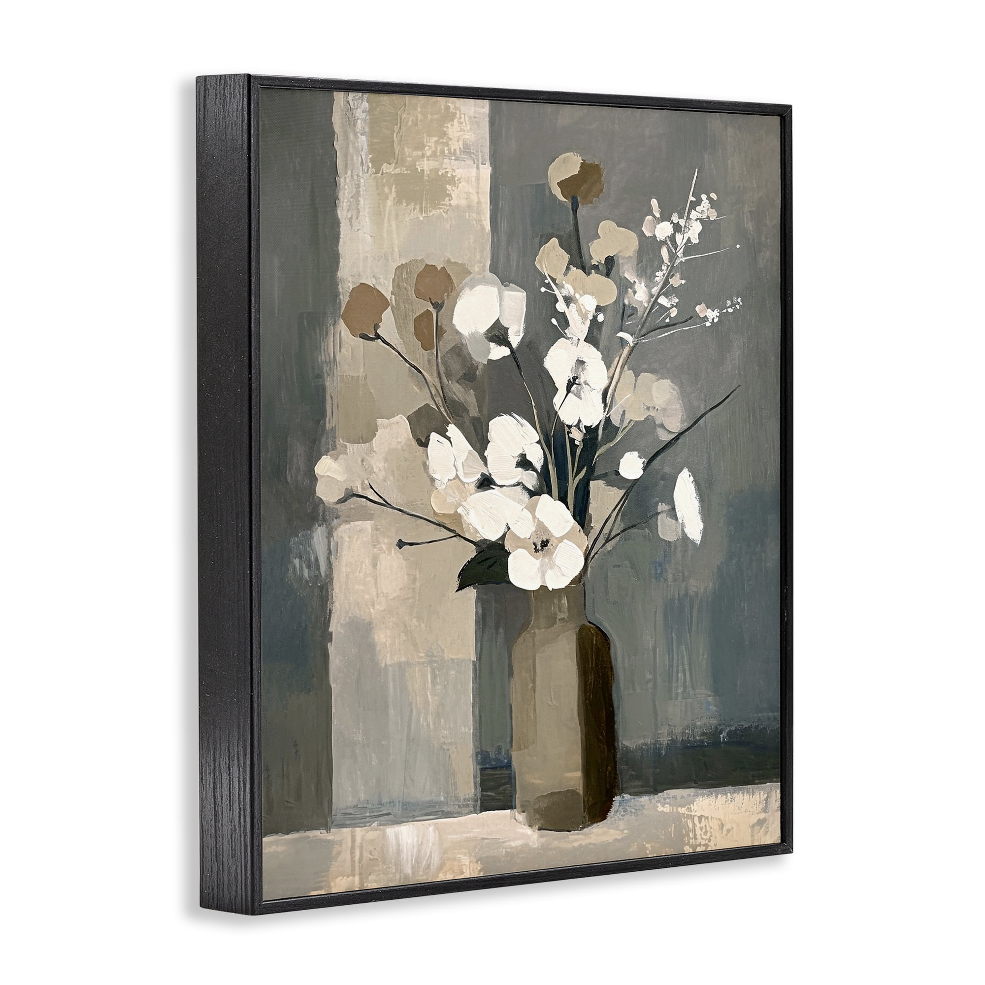 Stupell Industries Neutral Floral Vase Botanical & Floral Painting Black Framed Art Print Wall Art, 11 x 14