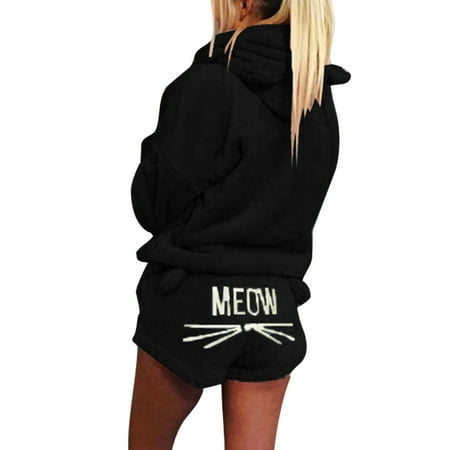 

Frontwalk Women Pajamas Sets Pocket Sleepwear Hooded Nightwear Winter Warm Loose Lounge Set Tops And Shorts Black M