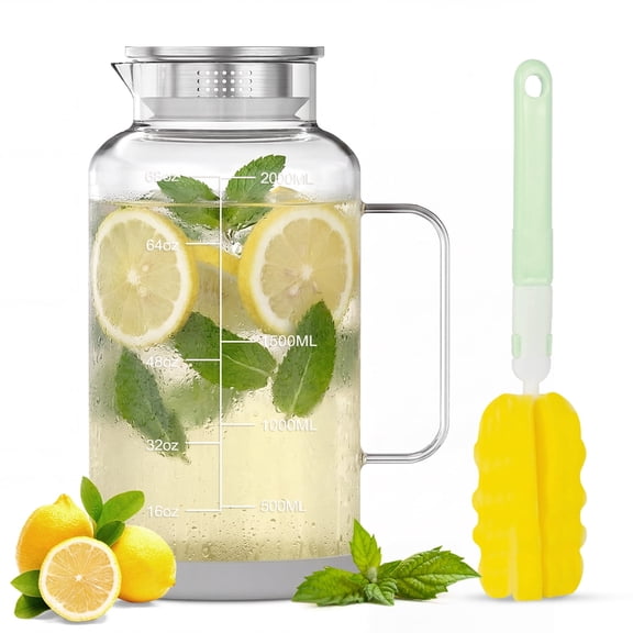 68 oz Glass Water Carafe with Lid and Spout, 2L Water Pitcher with Silicone Base and Precise Scale Line, Easy to Clean Thickened Borosilicate Glass Jug for Cold and Hot Beverage
