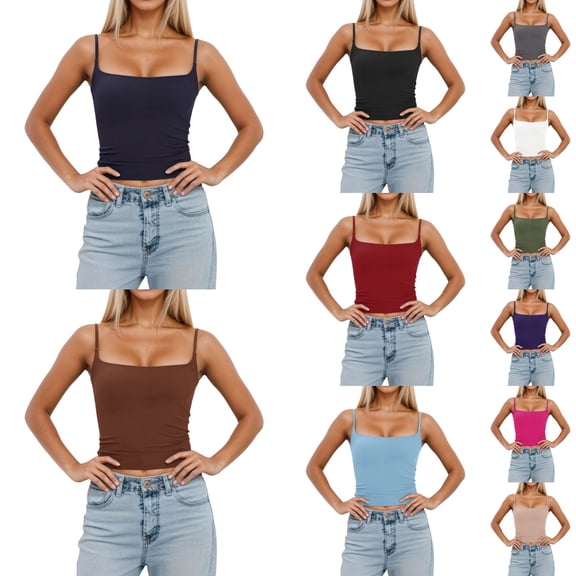 Womens Camisole Tops Padded Double Lined Cami Top Square Neck Spaghetti Strap Tank Slim Fit Basic Layering