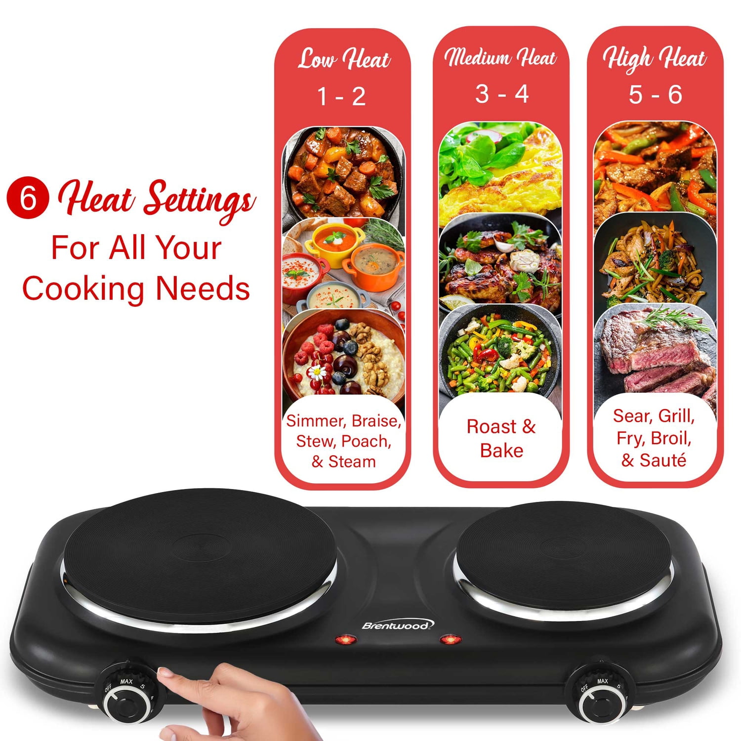 Brentwood Double-Cast-Iron 1,100-Watt Countertop Electric Burner Hot Plate with Temperature Control and Power Indicator Light, Black, TS-332BK