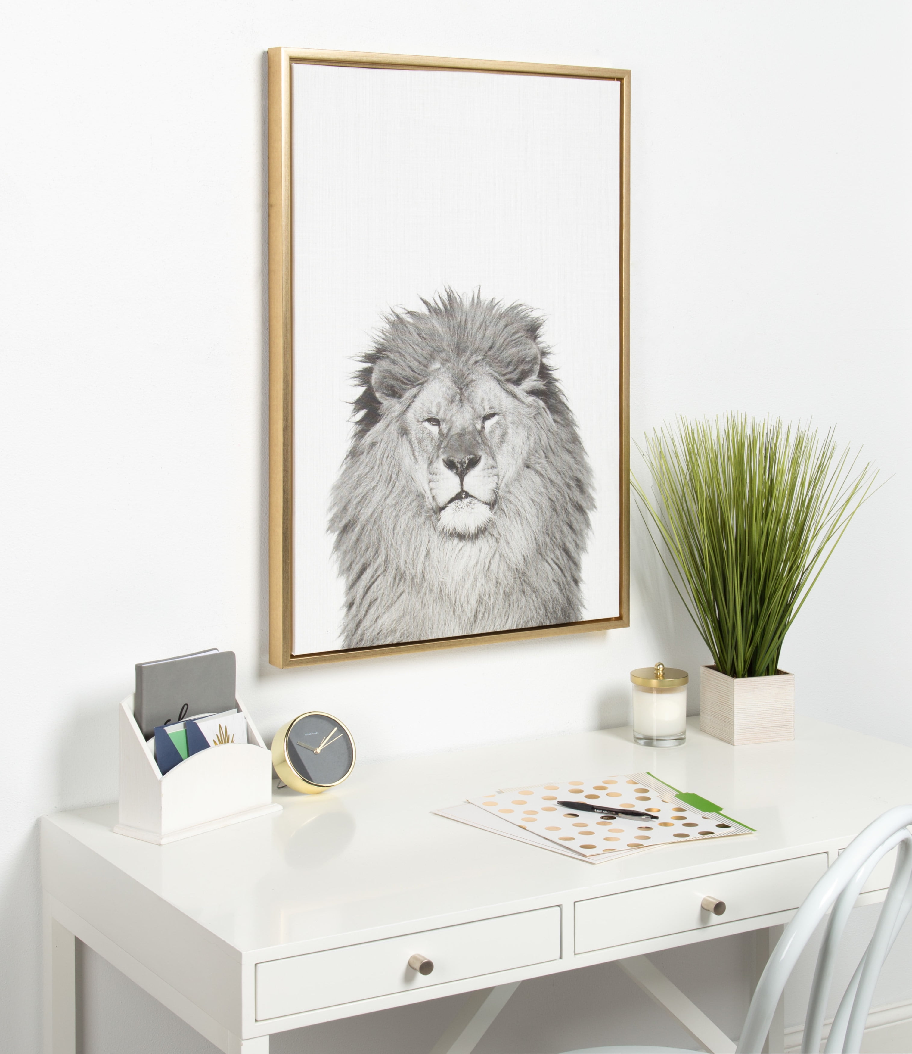 Kate and Laurel Sylvie Lion Animal Print Black and White Portrait Framed Canvas Wall Art by Simon Te Tai, 23x33 Gold