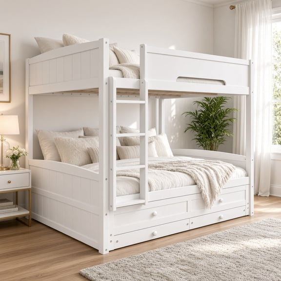 Queen Size Bunk Bed with Drawers & Trundle, Solid Wood Bunk Bed with Storage, No Box Spring Needed, Space-Saving for Guest Room, White