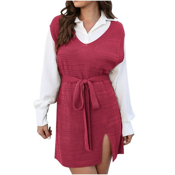 cfhntfmh Women Sweater Vest Oversized V Neck Sleeveless Knit Pullover Ribbed Vest Dress with Belt Mini Sweater Dress Fall Outfits（Red,X-Large)
