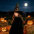 thumbnail image 5 of Halloween Witch Hat Costume, Black Pointed Wizard Hat With Gold Print Fringe Trim For Adults Kids Role Play Party Outfit, Gothic Halloween Dress Up Accessory For Hau*nted Hous Festival Events, 5 of 6