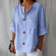 thumbnail image 2 of Linen Tunic Tops for Women, Yigetop Linen Shirts for Women Summer 2025 Trendy V Neck 3/4 Sleeve Top Loose Vacation Beach Solid Blouses Tunic Tops Ladies Linen Tops Blue L, 2 of 6