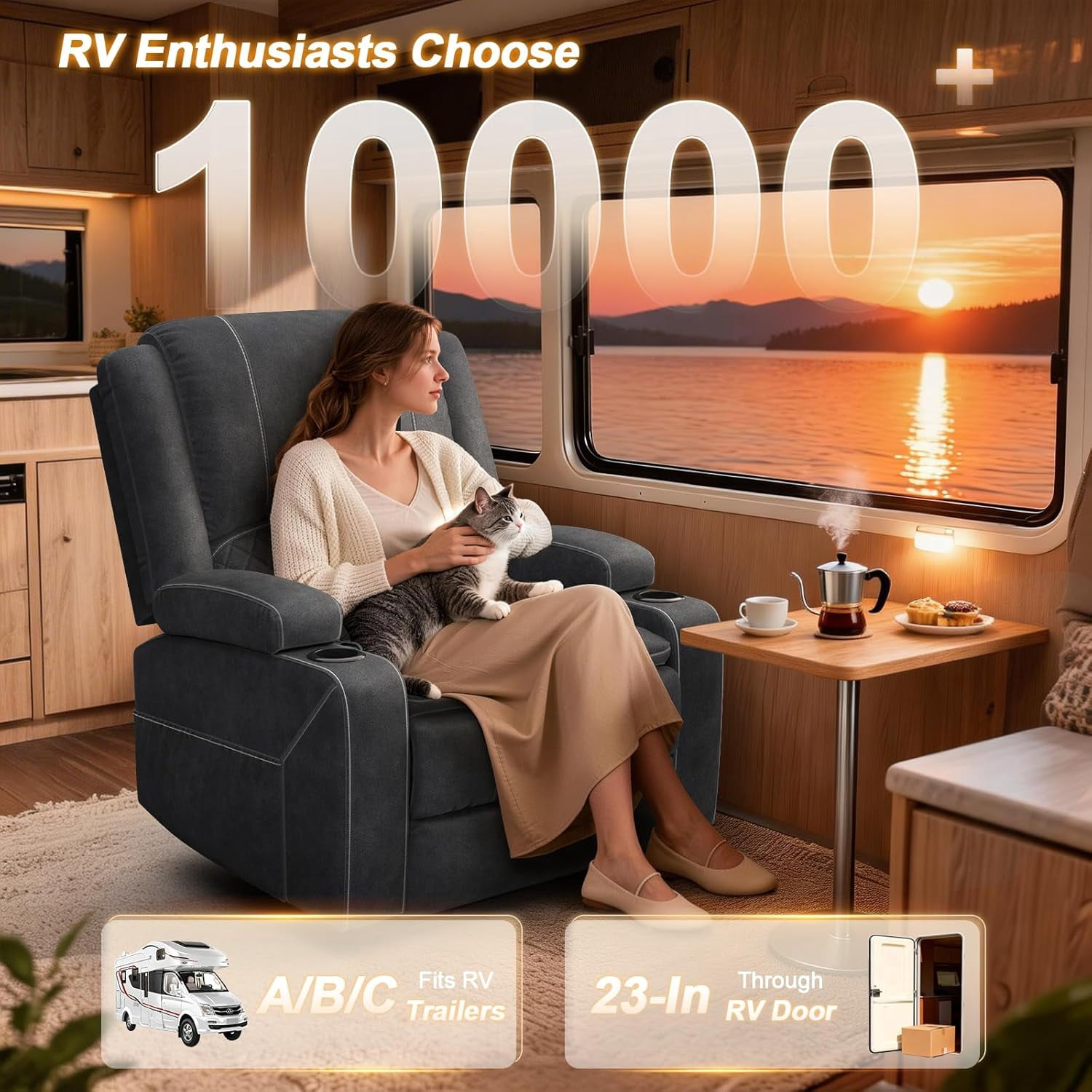 Oversized Manual Recliner Chair, 3X Home Theater Seating, RV Single Sofa w/ Storage & Cup Holder, for Living Room , Velvet Grey