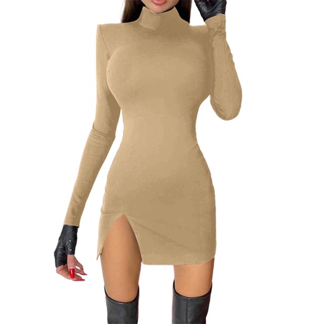 Vestido corto de cadera con abertura delgada y cuello alto para mujer XBTCLXEBCO Caqui, Chico