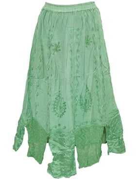 Mogul Women's Flirty Skirt Designer Green Embroidered Rayon Fashionable Skirts