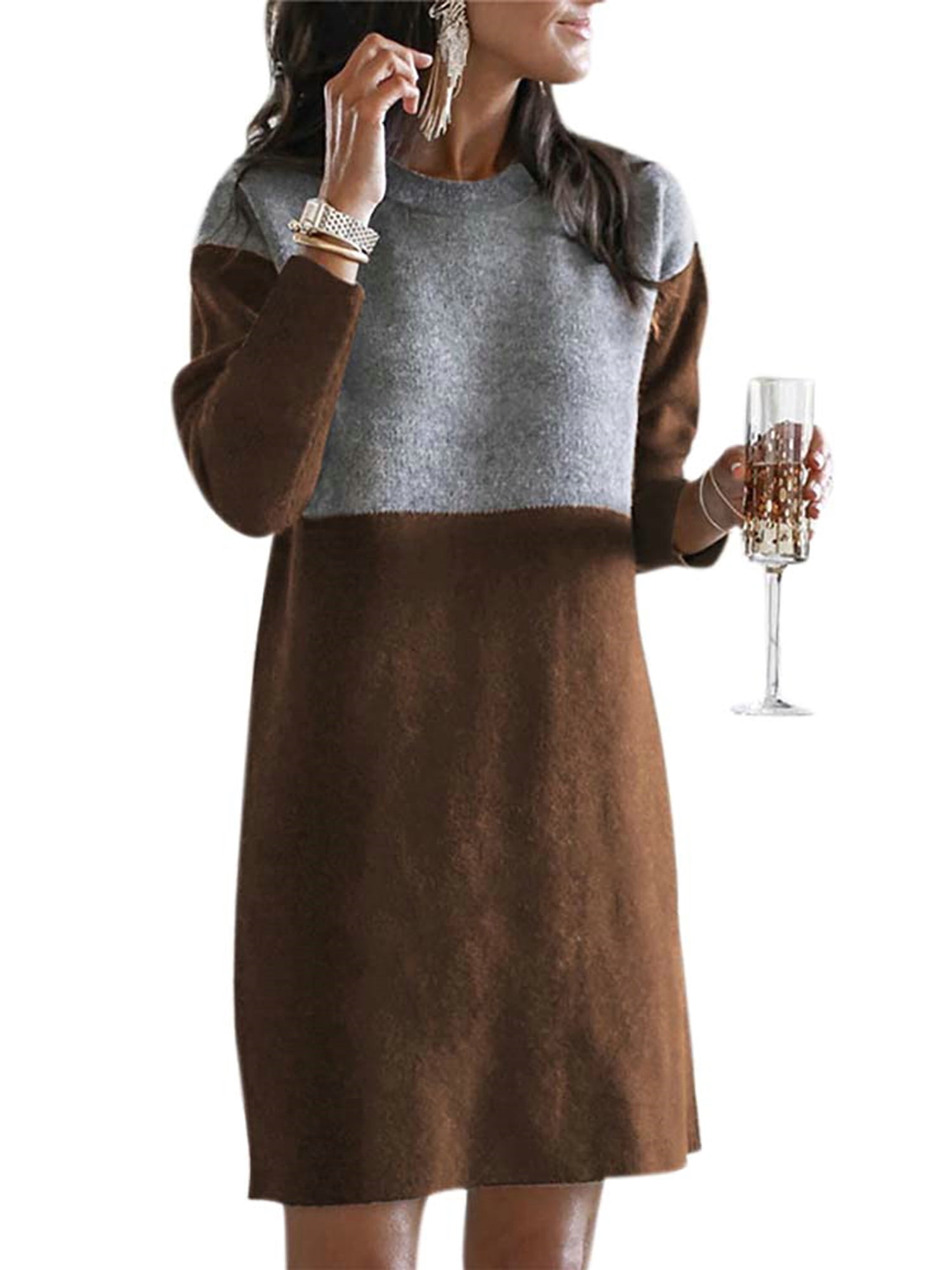 LEADOKO Womens Ladies Colour Block Long Sleeve Woolen Jumper Dress Casual Shift Dresses, Women's, Size: Small, Brown