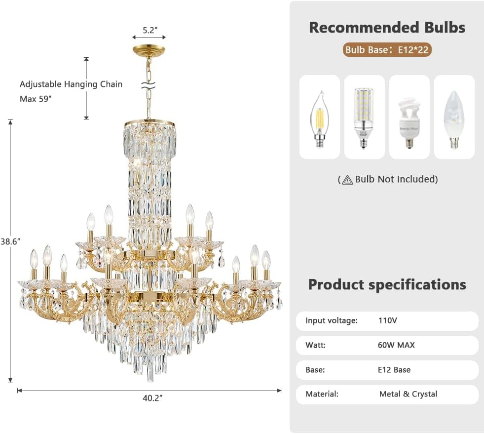 Posiosa Gold Crystal Contemporary Chandelier Foyer Entryway Lighting, 2-Tier Large Foyer Entrance Chandeliers for High Ceiling Big Crystal Chandelier(Dia 40.2 inch 22 Lights)