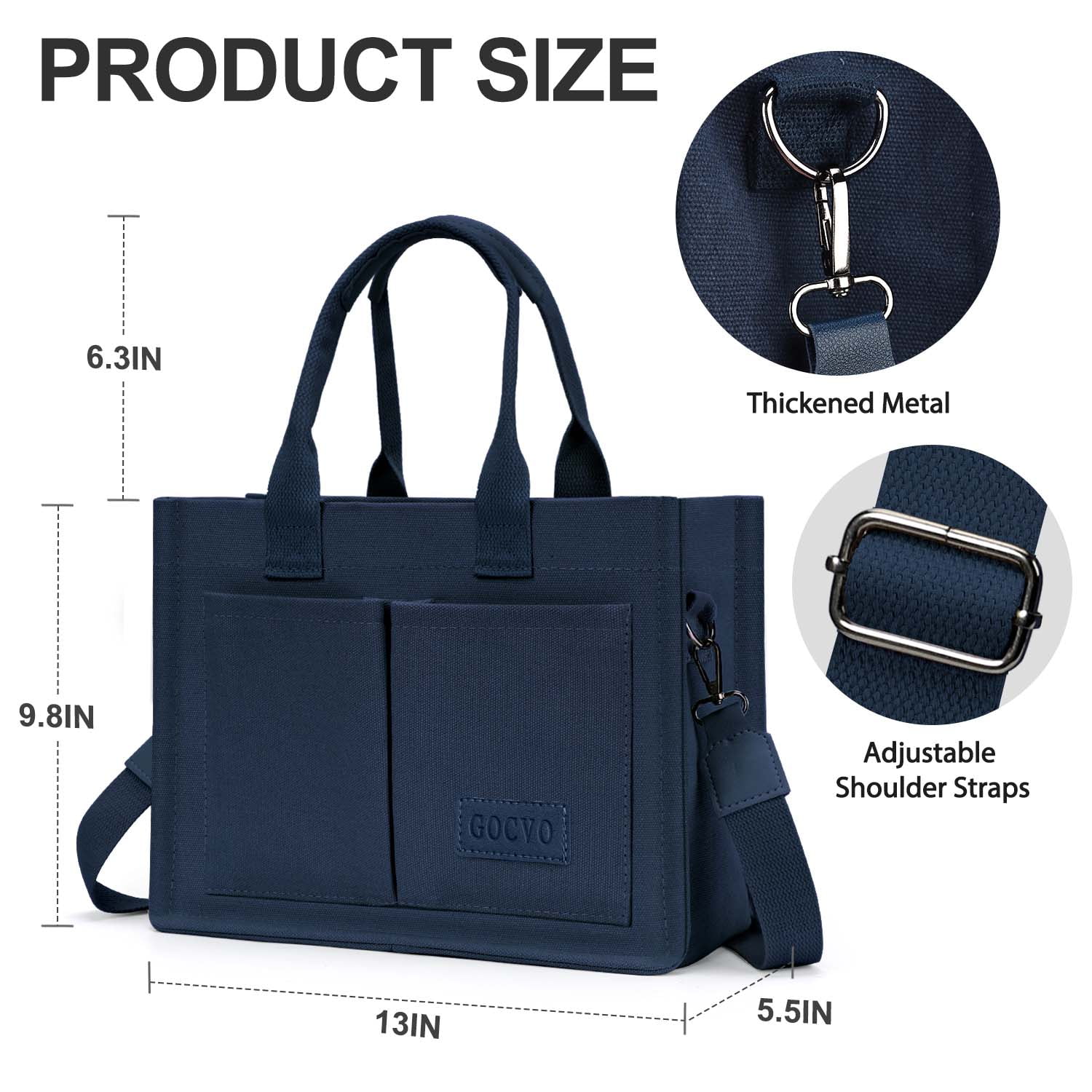 Gocvo Canvas Tote Bag for Women, Large Multi-Pocket Shoulder Handbag, Crossbody Messenger Bag, Dark Blue