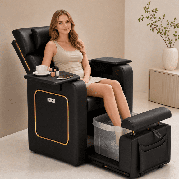 Advwin Electric Pedicure Chair, No-Plumbing Reclining Salon Chair with Adjustable Backrest, Footrest, Movable Armrest Tray & Storage, Pedicure Station for Nail Salon & Foot Spa, Black