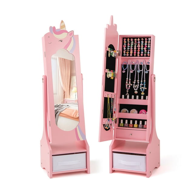 Gymax Armoire à Bijoux pour Enfants avec Miroir Pleine Longueur 2 Angles d'Inclinaison Réglables Tiroir Rose