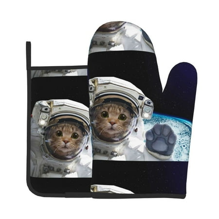 

Junzan Cat Astronaut Pattern Oven Mitts and Pot Holders 2 pcs Set Potholders BBQ Gloves Long Kitchen Oven Glove for Cooking Baking Grilling (2-Piece Set 11 Inch)