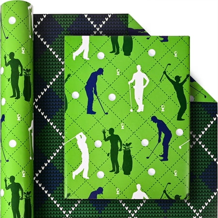 Altarho Golf Wrapping PresNok Paper Roll for Boys Women Men - Green Golf and Textile Print Plaid Design Sports Gift Wrap Sheets for Birthday Father's Day Team Party Supplies Total 28.5sq.ft