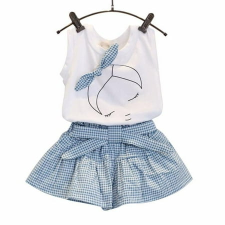 

Kids Girls Summer Tank Top Shorts Set Fashion Bowknot Tank Top Plaid Shorts Two Piece Set