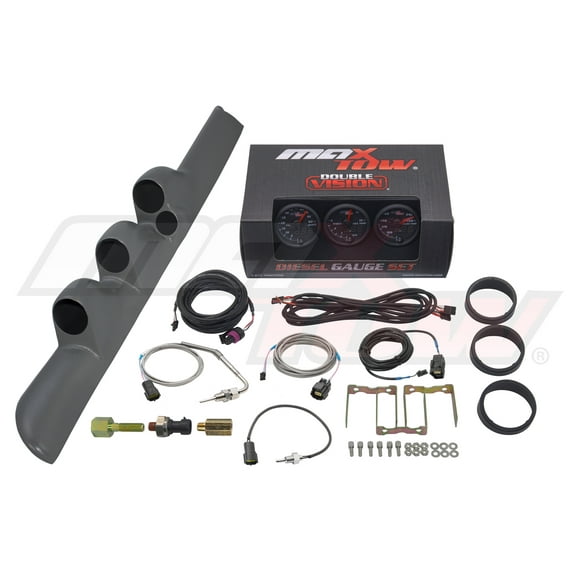 MaxTow | 2nd Gen 1998-2002 Dodge Ram 5.9 Cummins Gray Triple Gauge Pillar Pod with Speaker Cutout and Black & Green Double Vision Series 60 PSI Boost Gauge, 1500 F EGT Pyrometer & Trans Temp Gauge