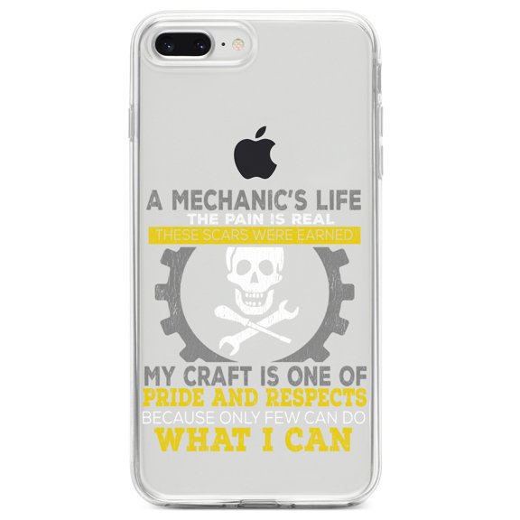 DistinctInk Clear Shockproof Hybrid Case for iPhone 7 PLUS / 8 PLUS (5.5" Screen) TPU Bumper Acrylic Back Tempered Glass Screen Protector - Mechanic's Life Pain Is Real Pride Respect
